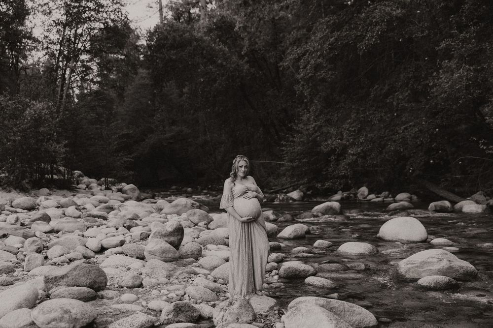 A scenic black and white photo series showing a rocky stream bed surrounded by forest in seven connected images.