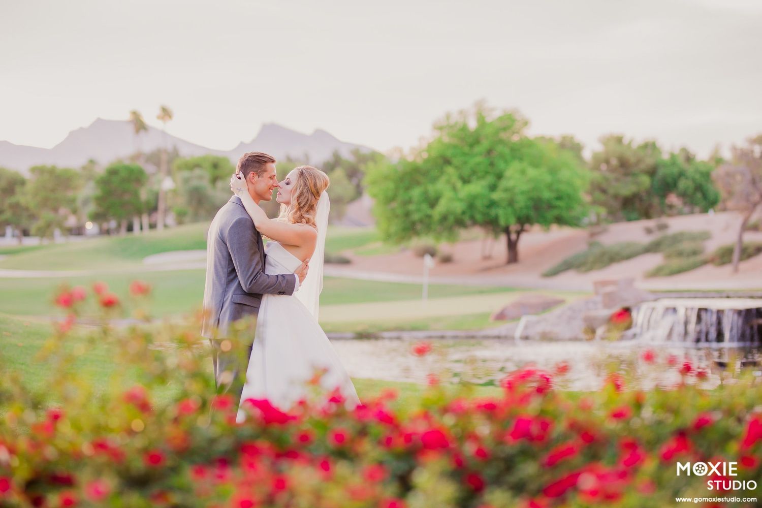 A romantic couple embraces in a garden setting with vibrant red flowers and greenery in the background.