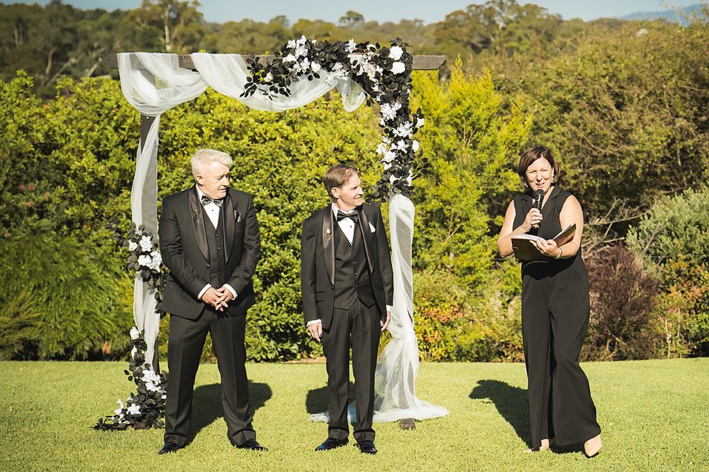 Wedding party members pose playfully on green lawn during outdoor summer celebration.