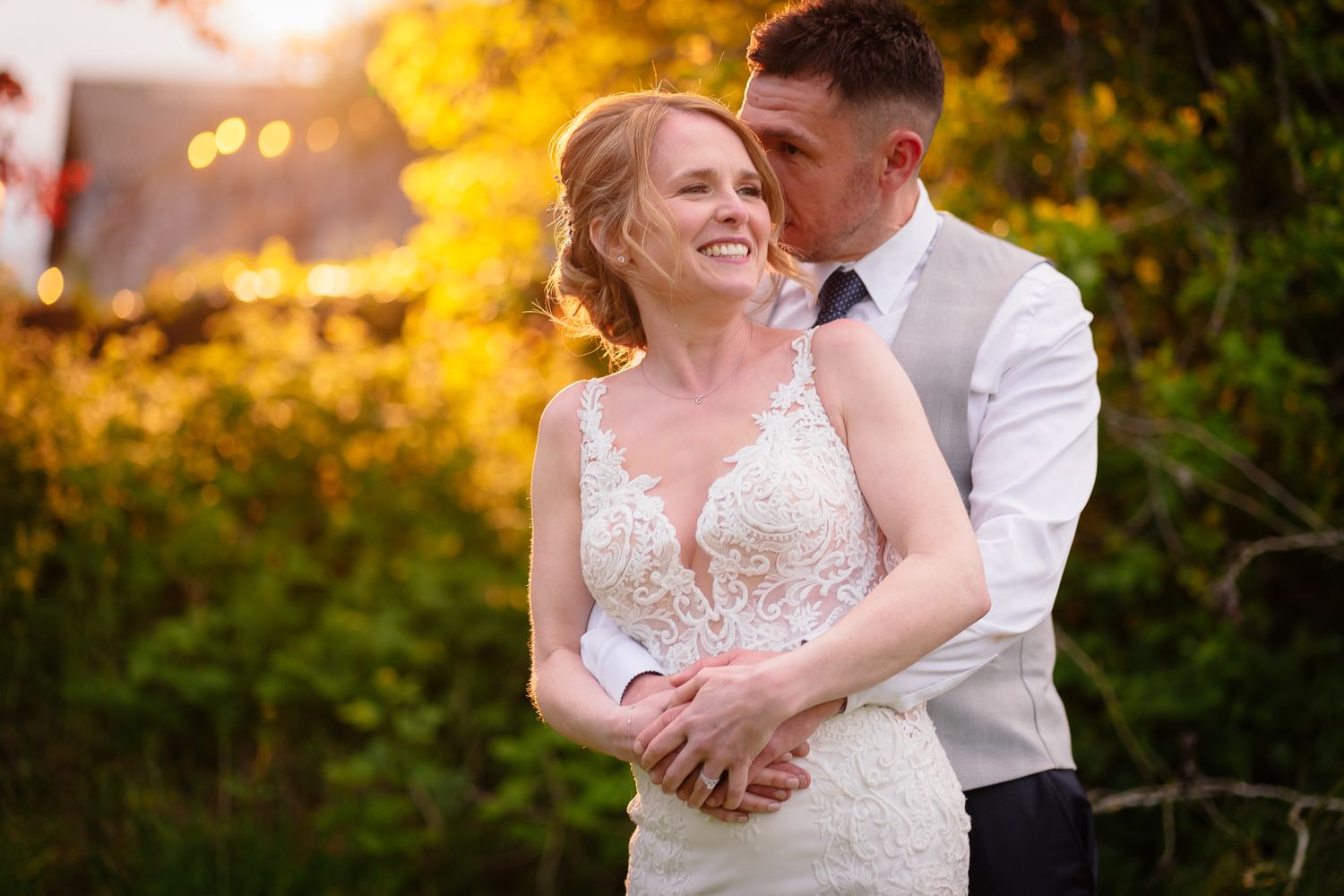 Romantic golden hour portraits in autumn garden setting.
