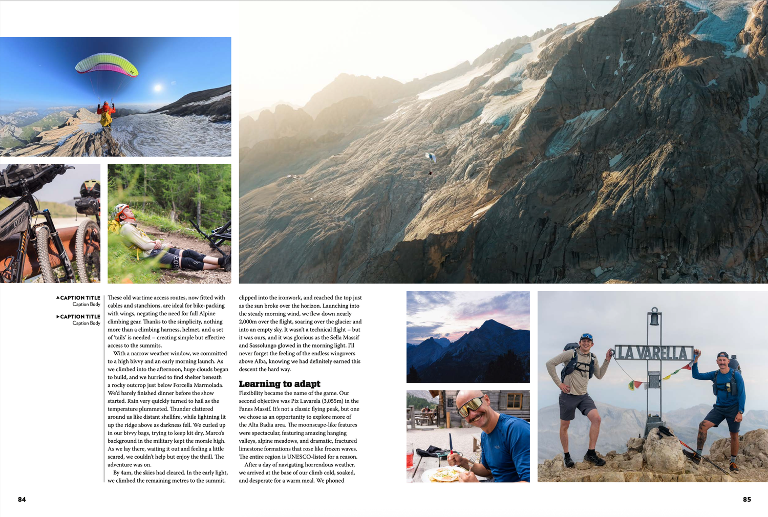 A series of outdoor adventure photographs showing hiking, camping and mountain landscapes arranged in a horizontal layout.