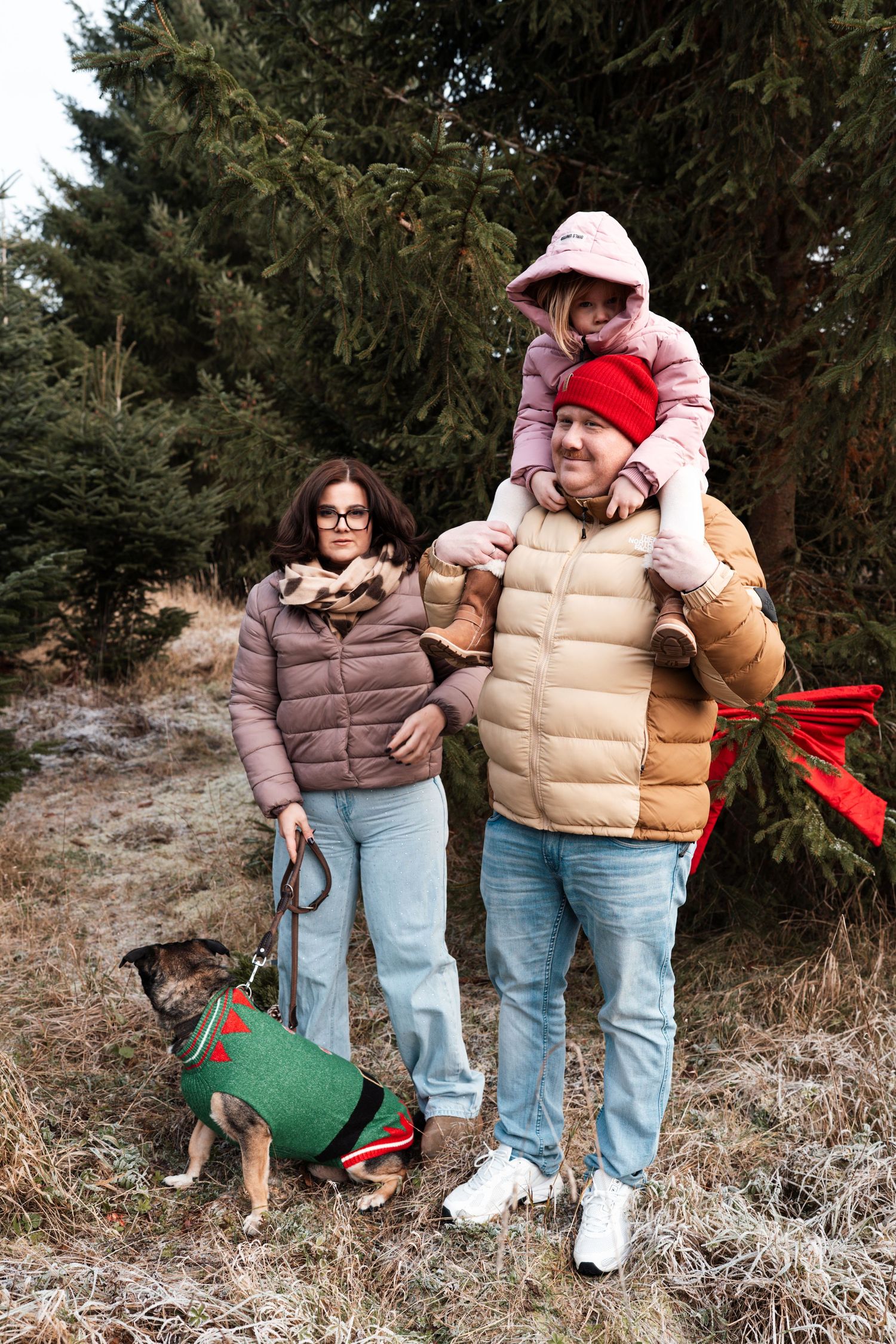 Familie vor weihnachtlichen Tannenbaum.