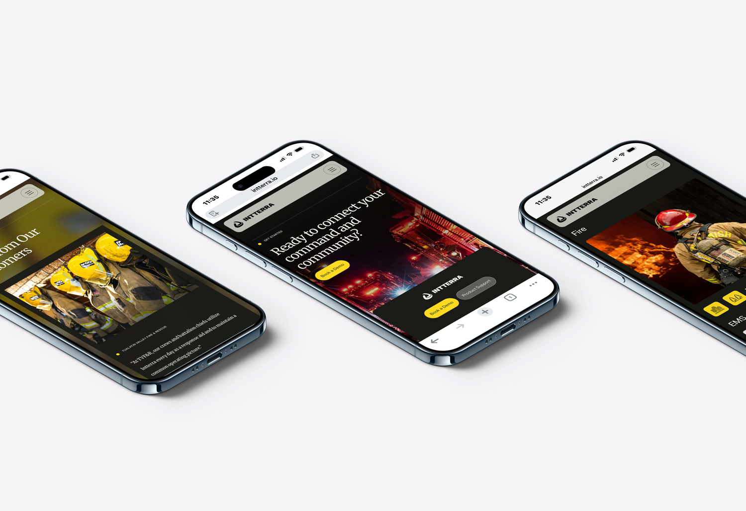 Mockup of mobile app screens showing dark interface designs with yellow accents.