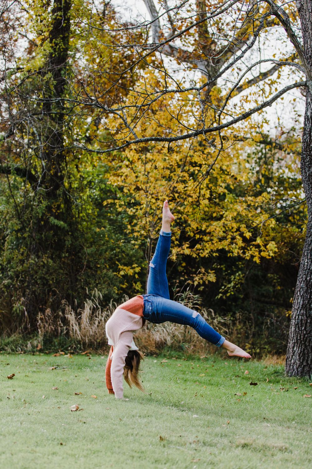 Sequence of backflip photos captured in a grassy field with fall foliage in background.