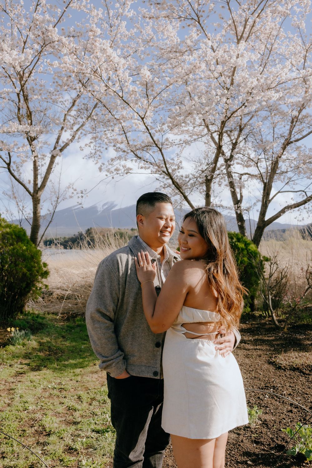 A romantic couple embraces under blooming cherry blossom trees on a sunny spring day with mountains in the background.