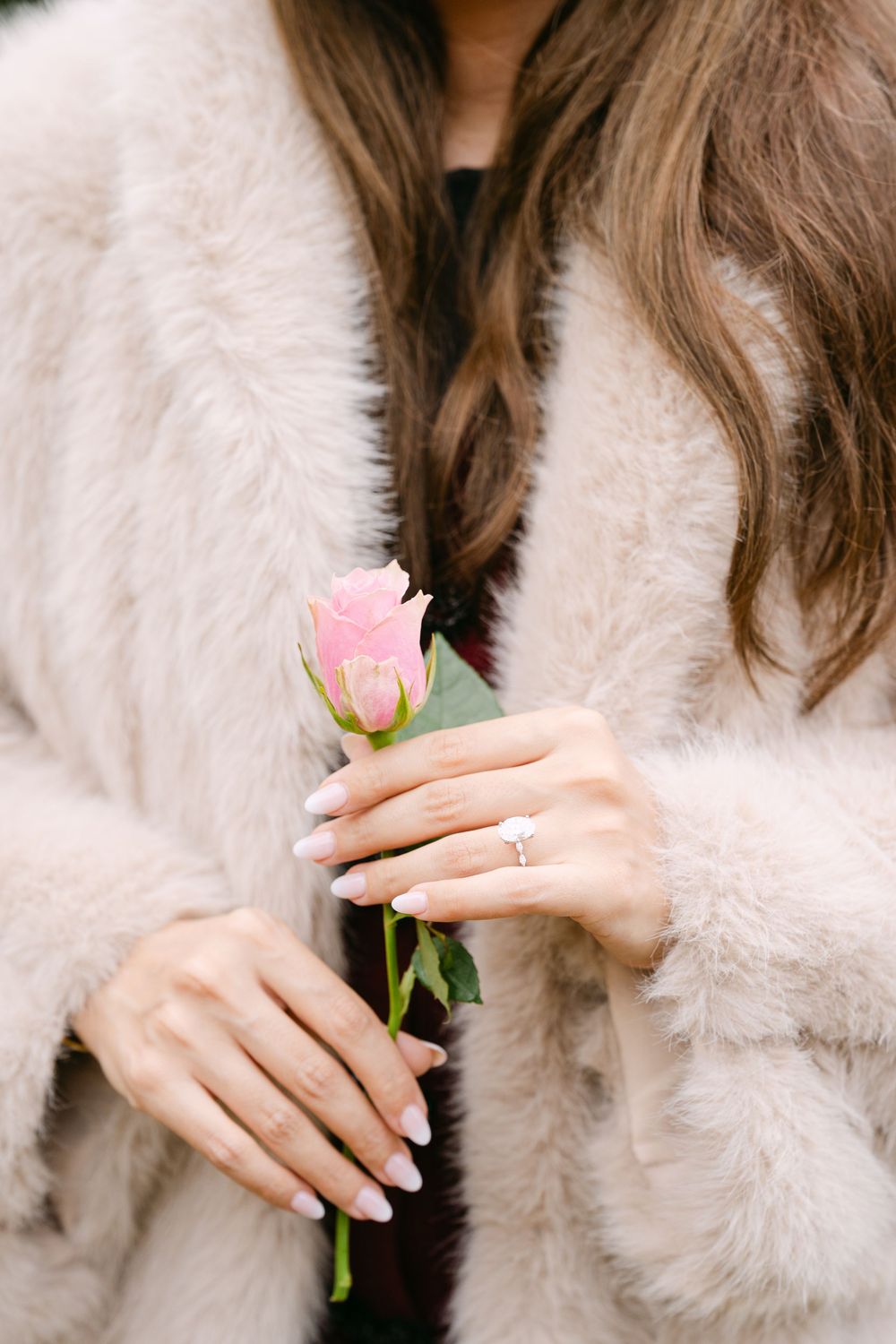 A person wearing a white fuzzy coat holds a delicate pink rose flower in their hands.