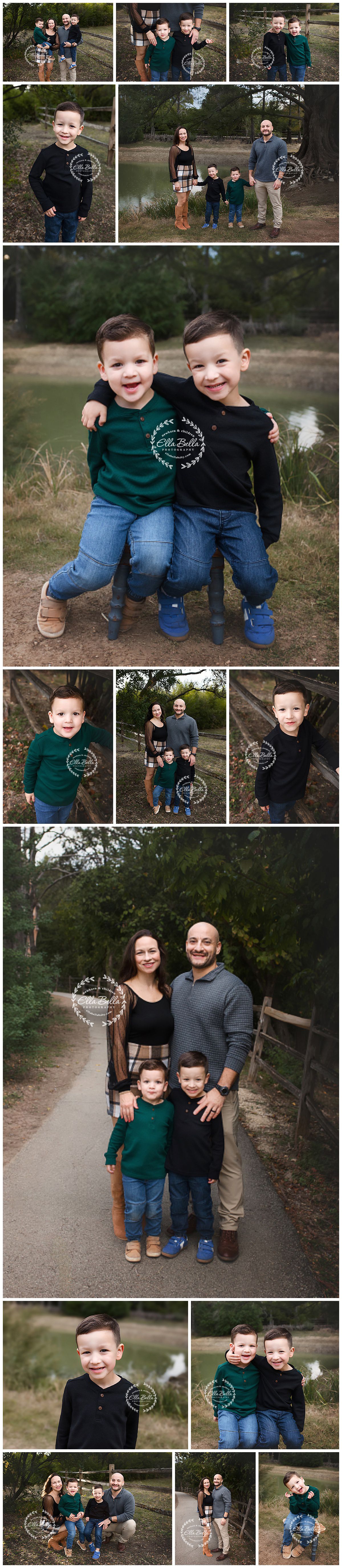 A collection of outdoor family portraits taken in a natural setting with trees and a dirt path during autumn.