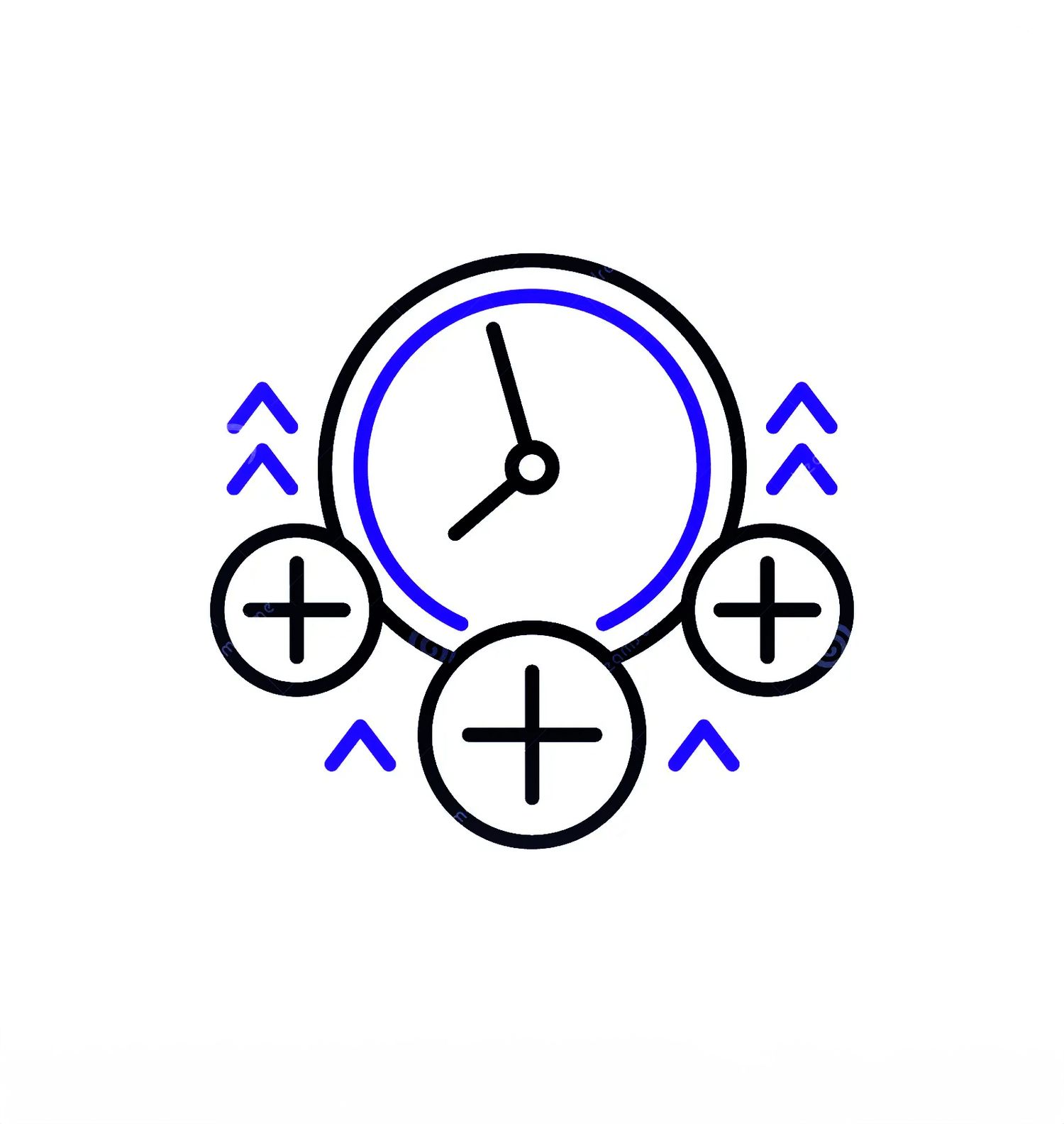 Minimalist clock icons with plus symbols in blue and black design.