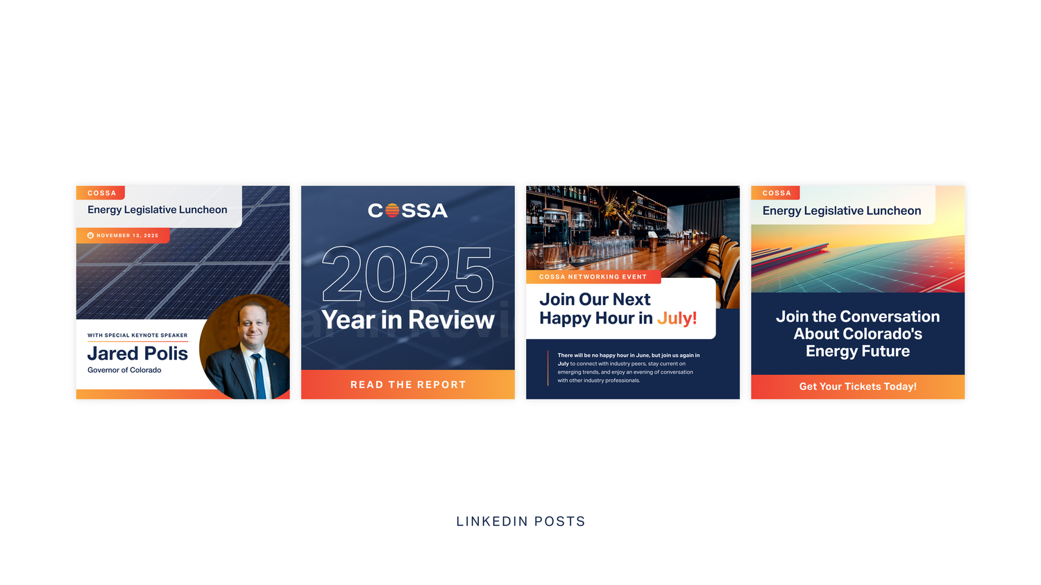 Social media post templates for COSSA featuring navy and orange corporate design.