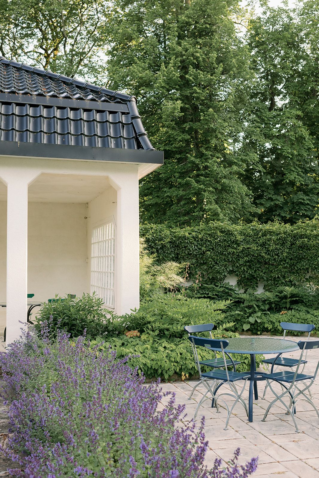 Peaceful garden patio with blooming lavender and white pavilion featuring outdoor seating.