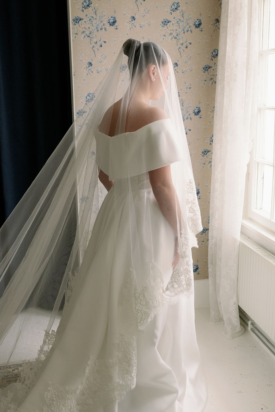Series of ethereal bridal portraits showing the movement of a flowing white wedding gown and veil in natural light.