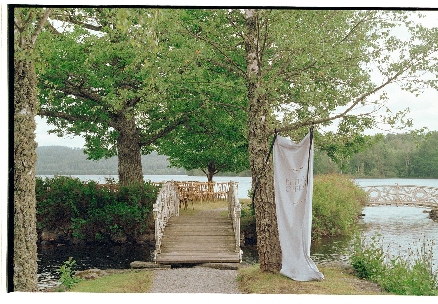 Scenic waterfront wedding venue with white fabric draping between trees.