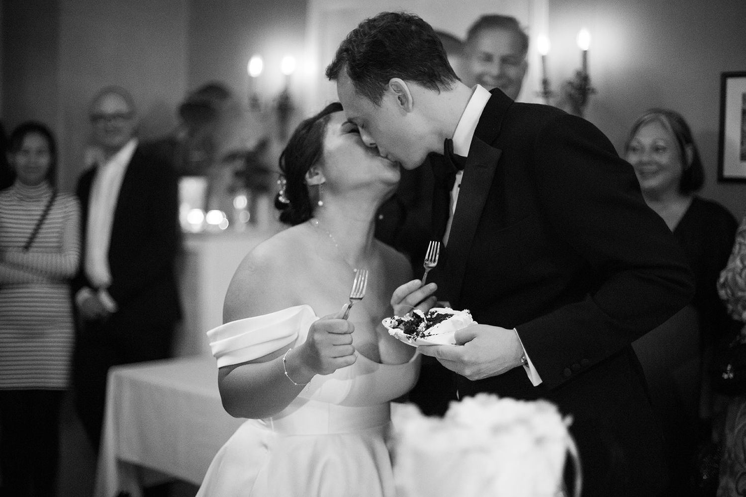 A black and white photo montage showing wedding reception scenes with elegant table settings and dancing.