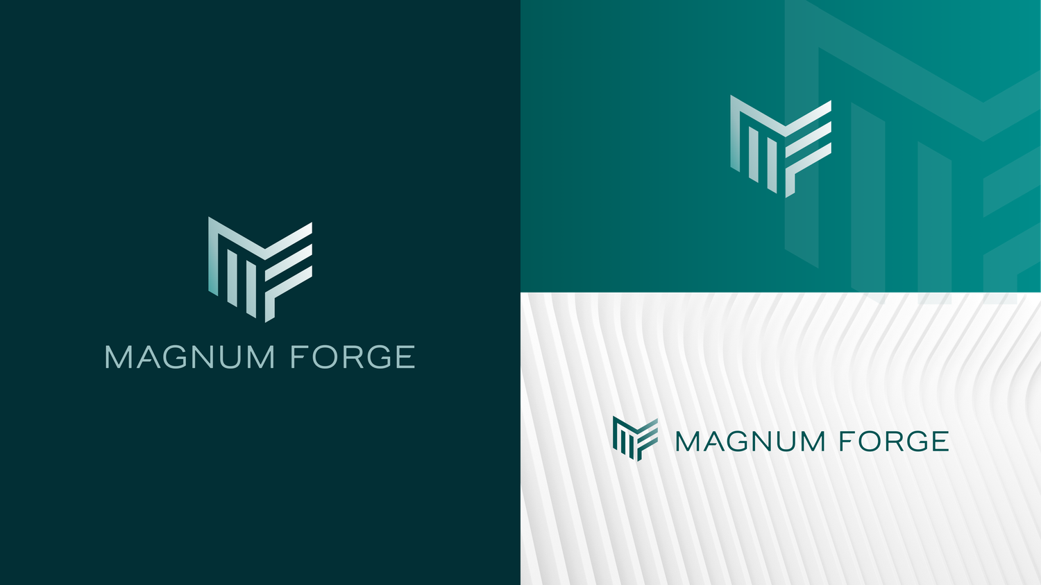 Brand identity showcase for Magnum Forge displaying logo variations in teal and white.