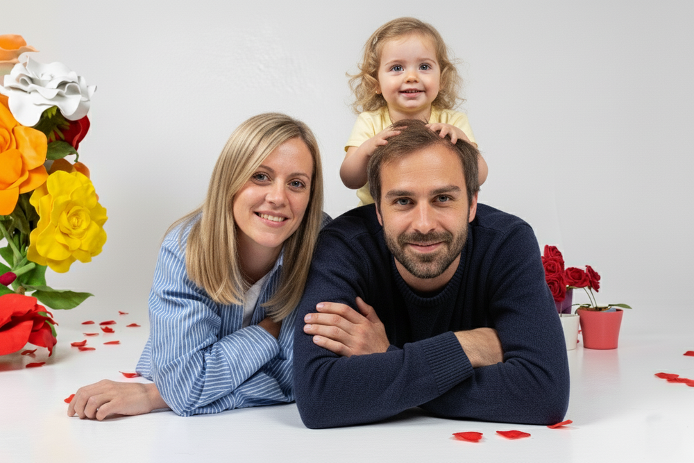 Familia con rosas y libros en sesión fotográfica Sant Jordi en Barcelona. Por Daniel Giménez fotógrafo.