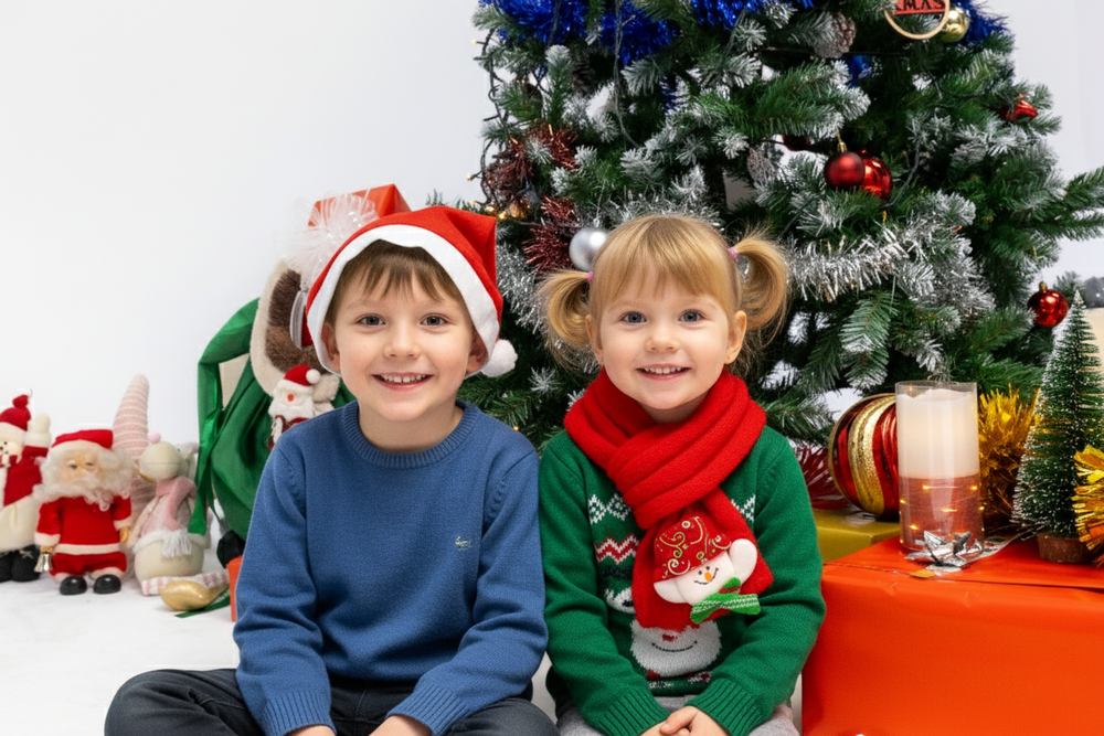 Dos niños con gorros de Papá Noel junto a árbol de Navidad. Sesión fotográfica familiar navideña en Barcelona por Daniel Giménez.