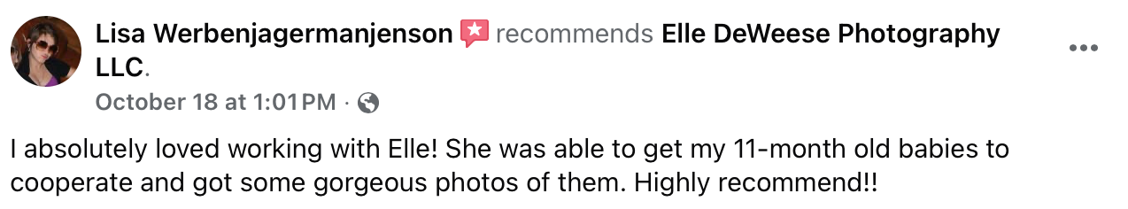 Glowing online review shares a positive customer experience with Elle DeWeese Photography LLC. Located in Albuquerque, New Mexico.