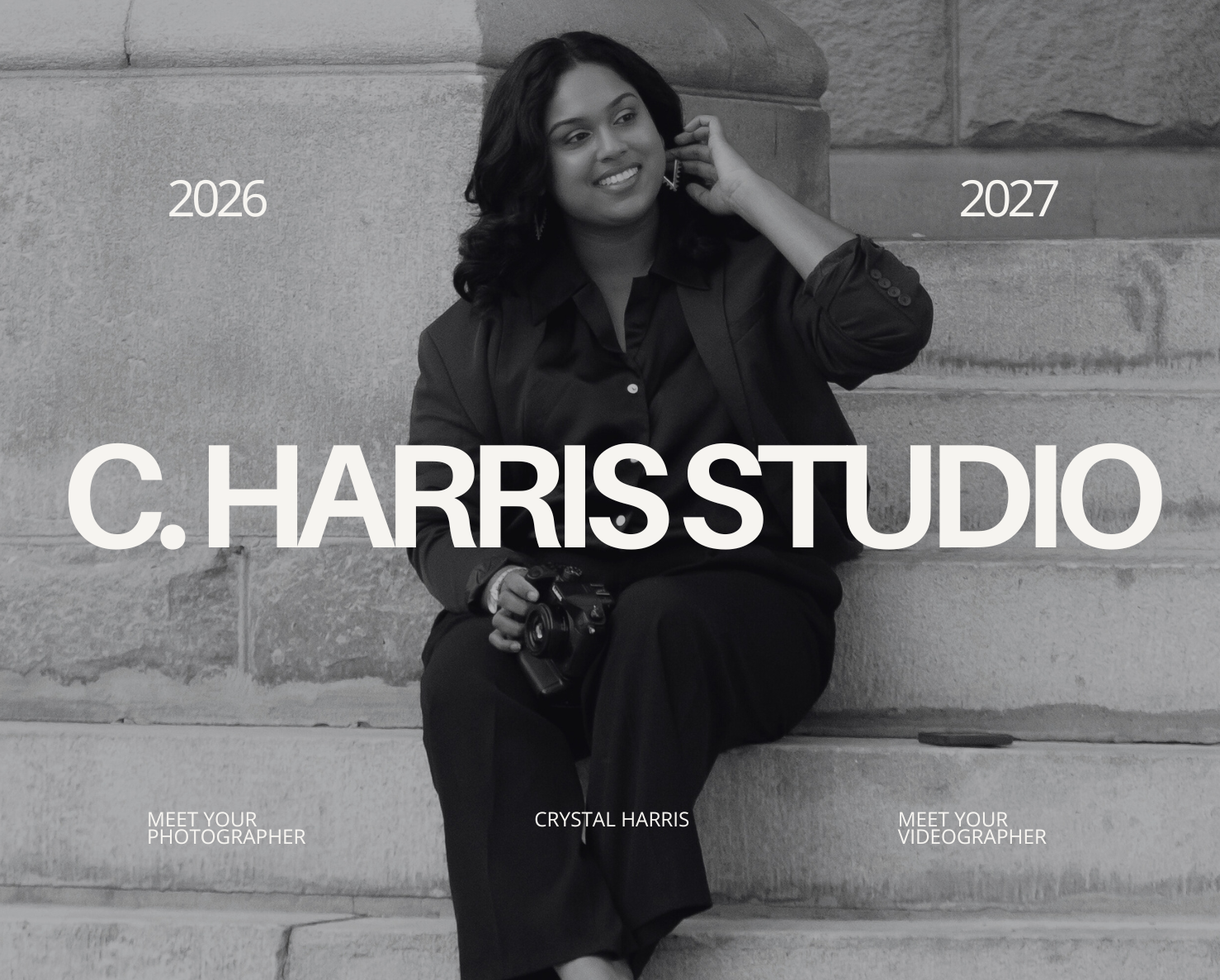 Professional photography studio branding banner in black and white.