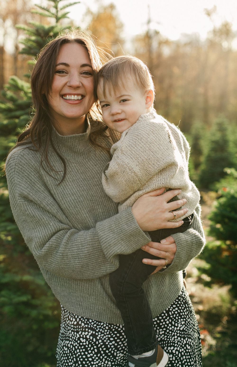 A heartwarming series of candid moments between parent and child among evergreen trees at sunset.