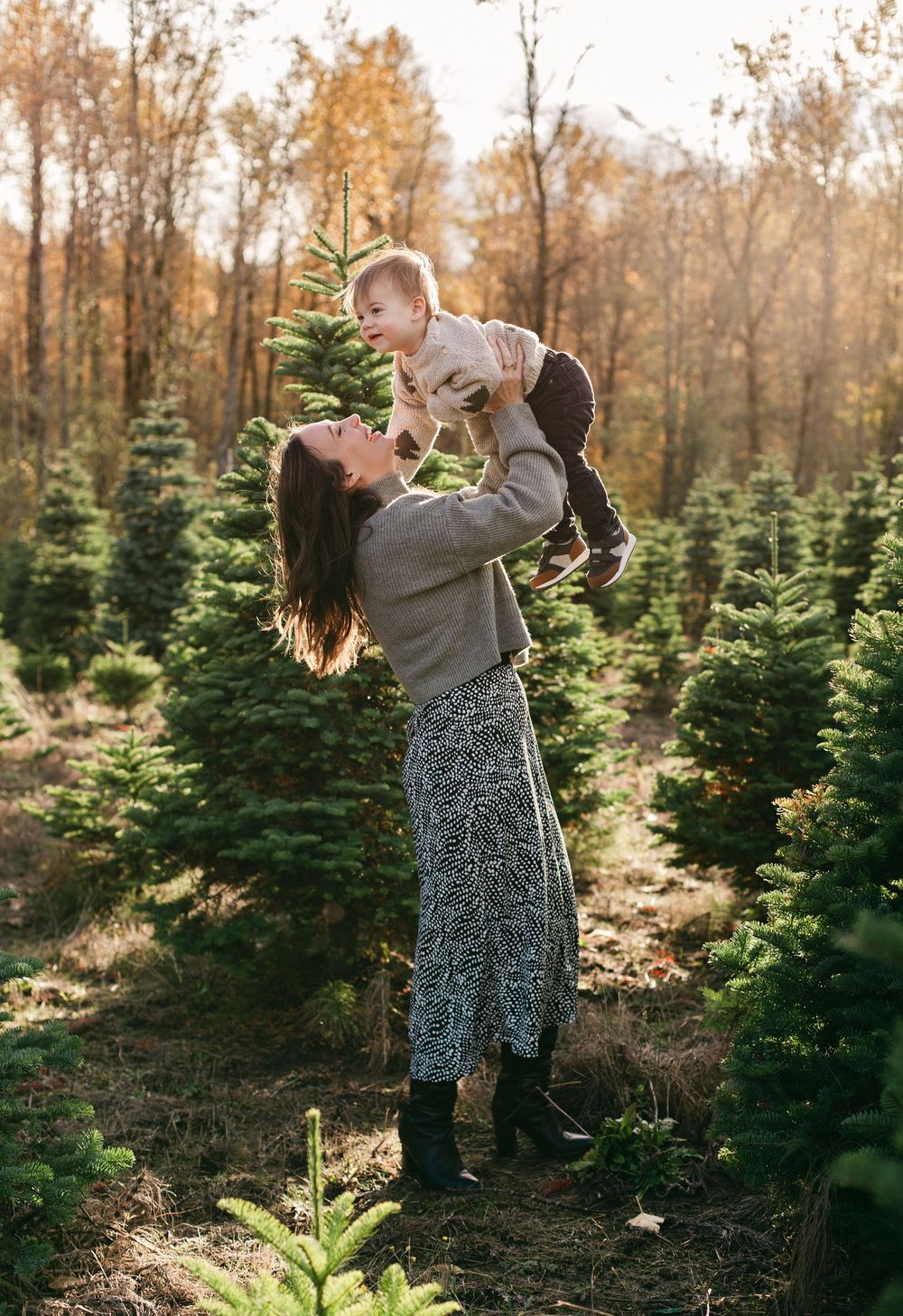 A joyful moment captured at a Christmas tree farm during golden hour as evergreen trees surround the scene.