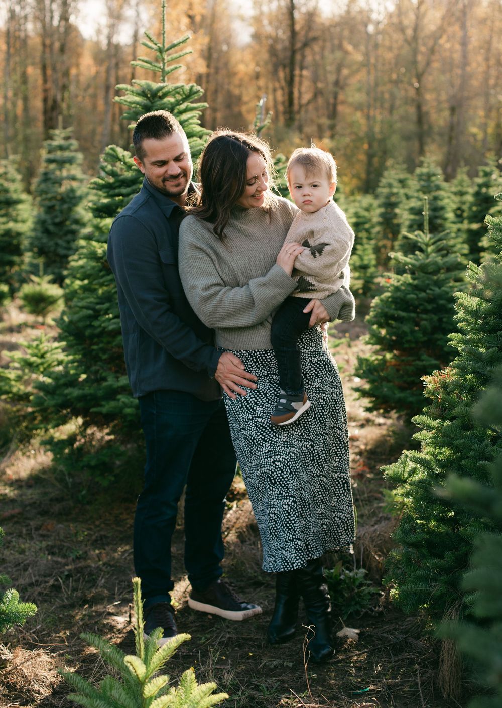 A family shares tender moments among evergreen trees at a Christmas tree farm during golden hour.