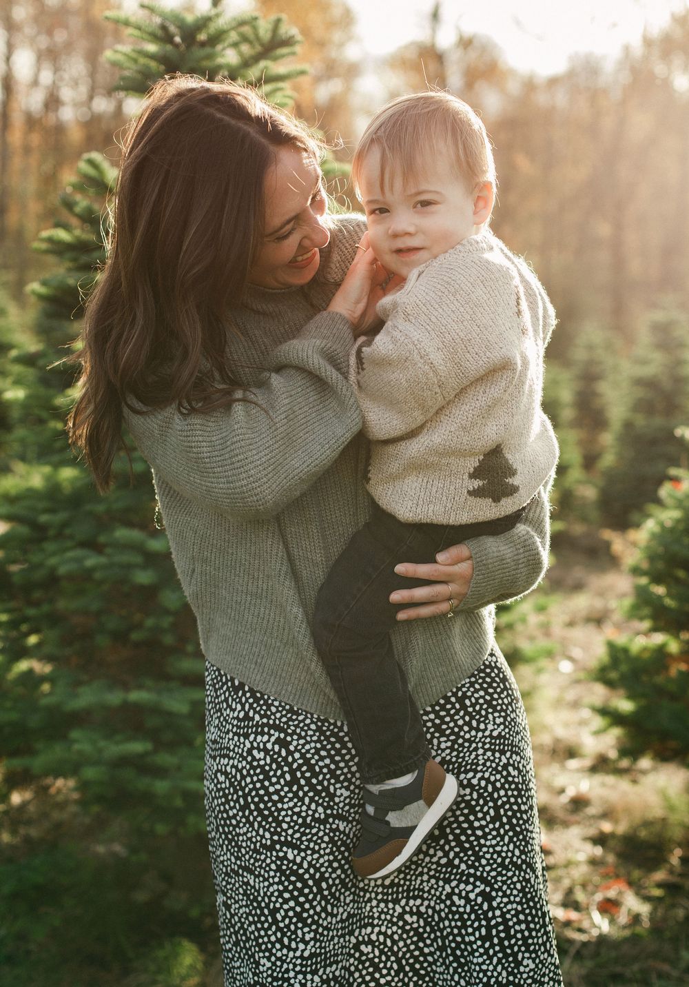 A tender moment captured at a Christmas tree farm with warm sunlight filtering through the evergreen trees.