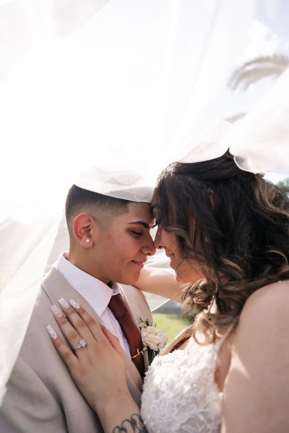 A romantic wedding couple shares intimate kisses under a white veil in a series of four tender moments.