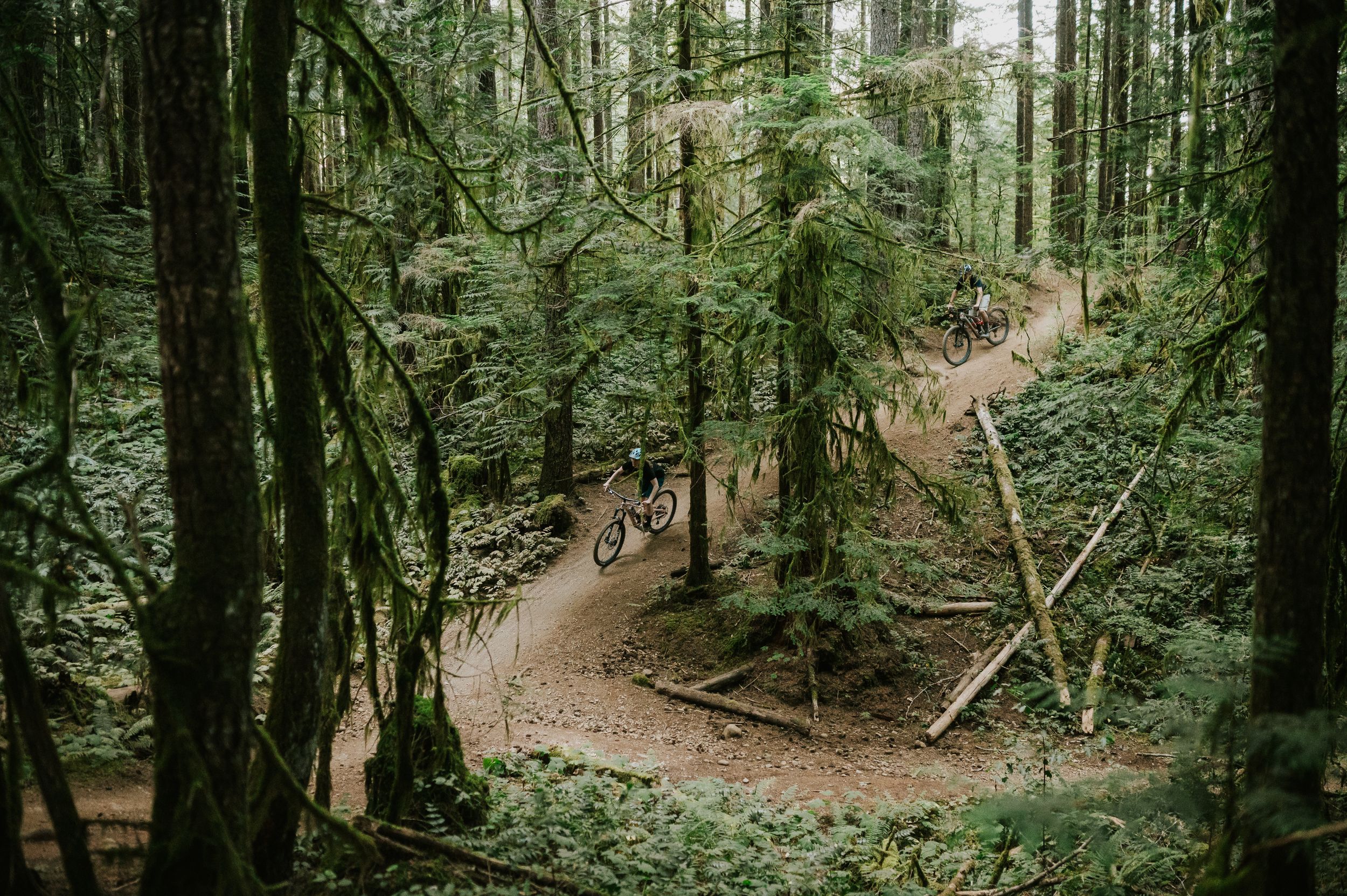 Adventurous couple engagement session photo of couple biking down trail in Cumberland Forest Vancouver Island behind each other
