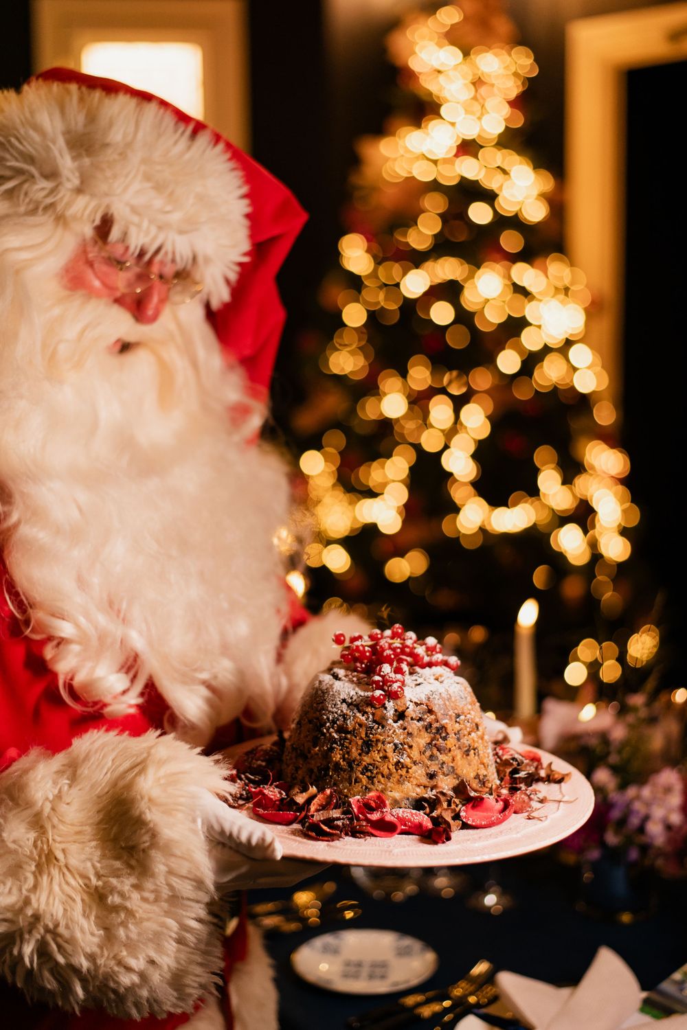 Christmas scene with traditional pudding garnished with cranberries in front of glowing tree lights.