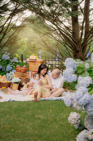 Outdoor picnic setting with blue hydrangeas and wicker baskets against an iron fence.