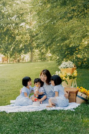 Family picnic scene with blue blankets and wicker baskets in sunny park setting.