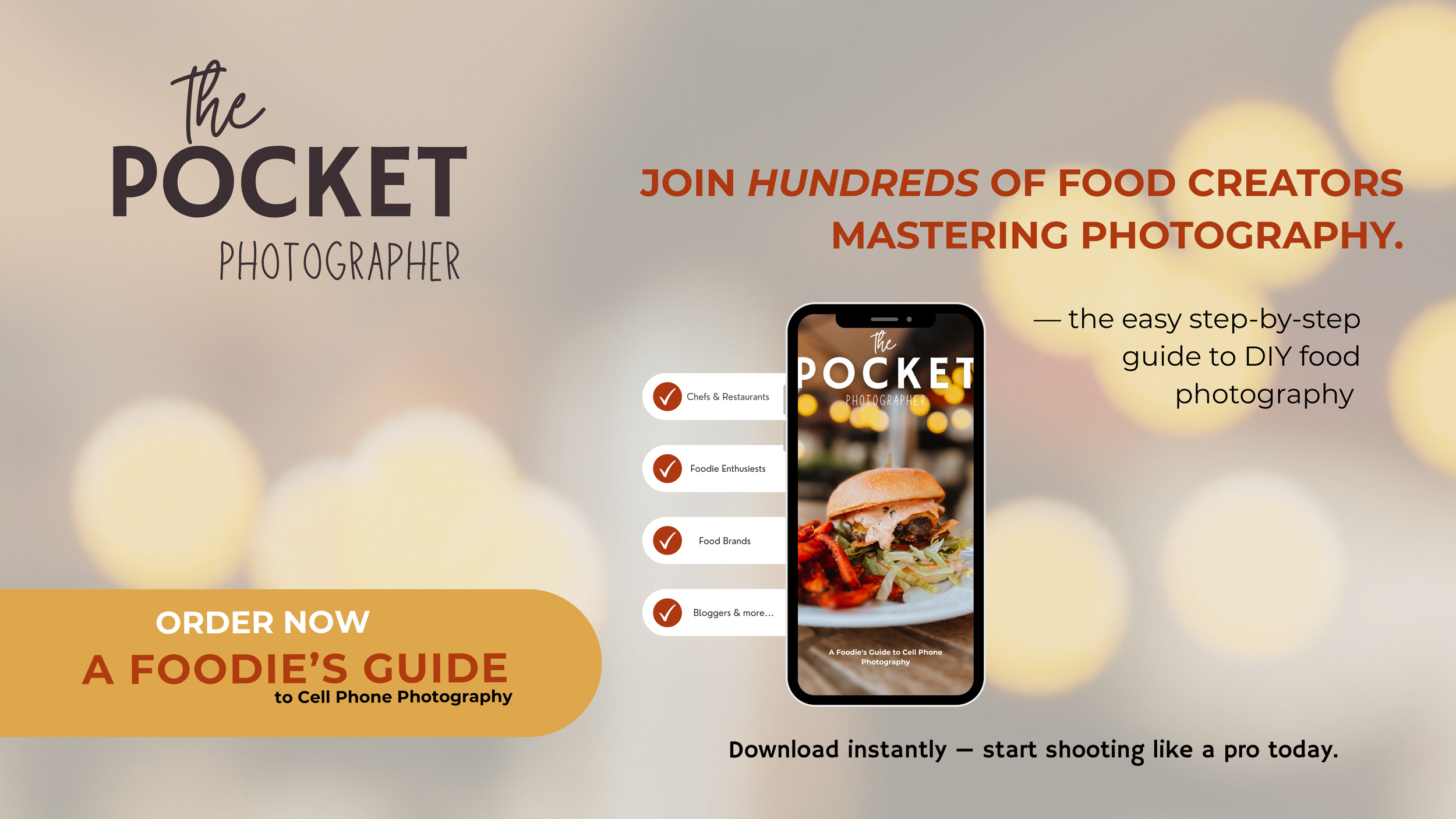 A website header banner for Pocket Photography featuring food photography course promotional content.