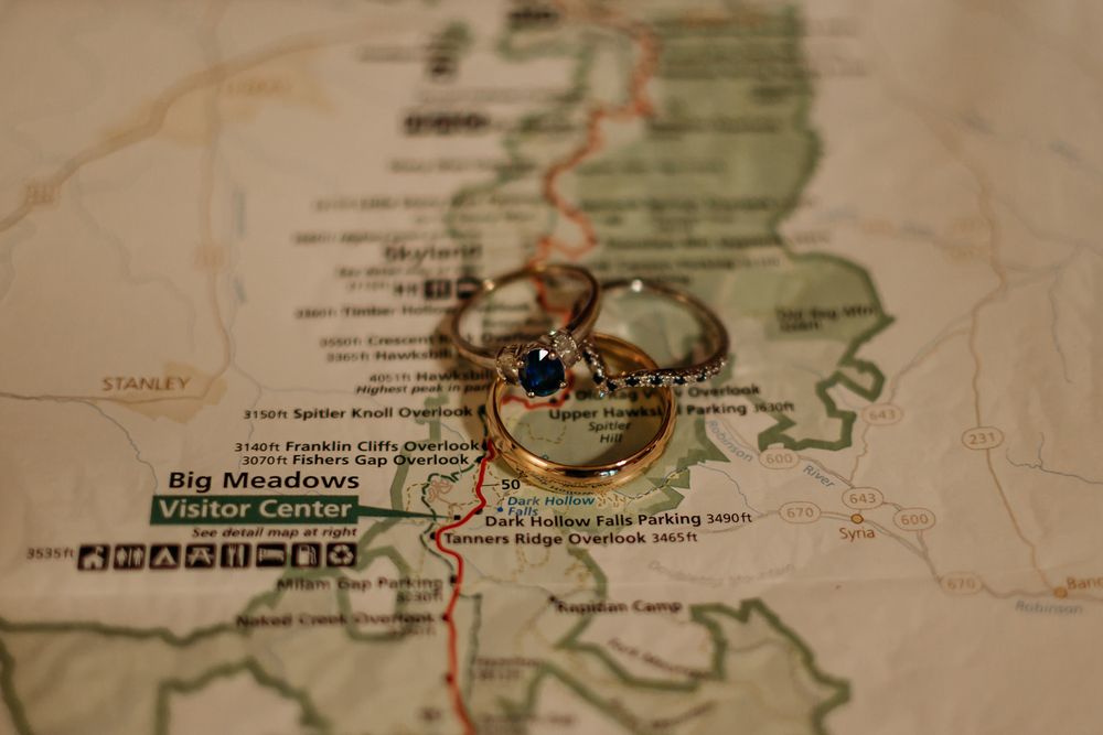 Vintage map with wedding rings placed on top showing travel routes and destinations.