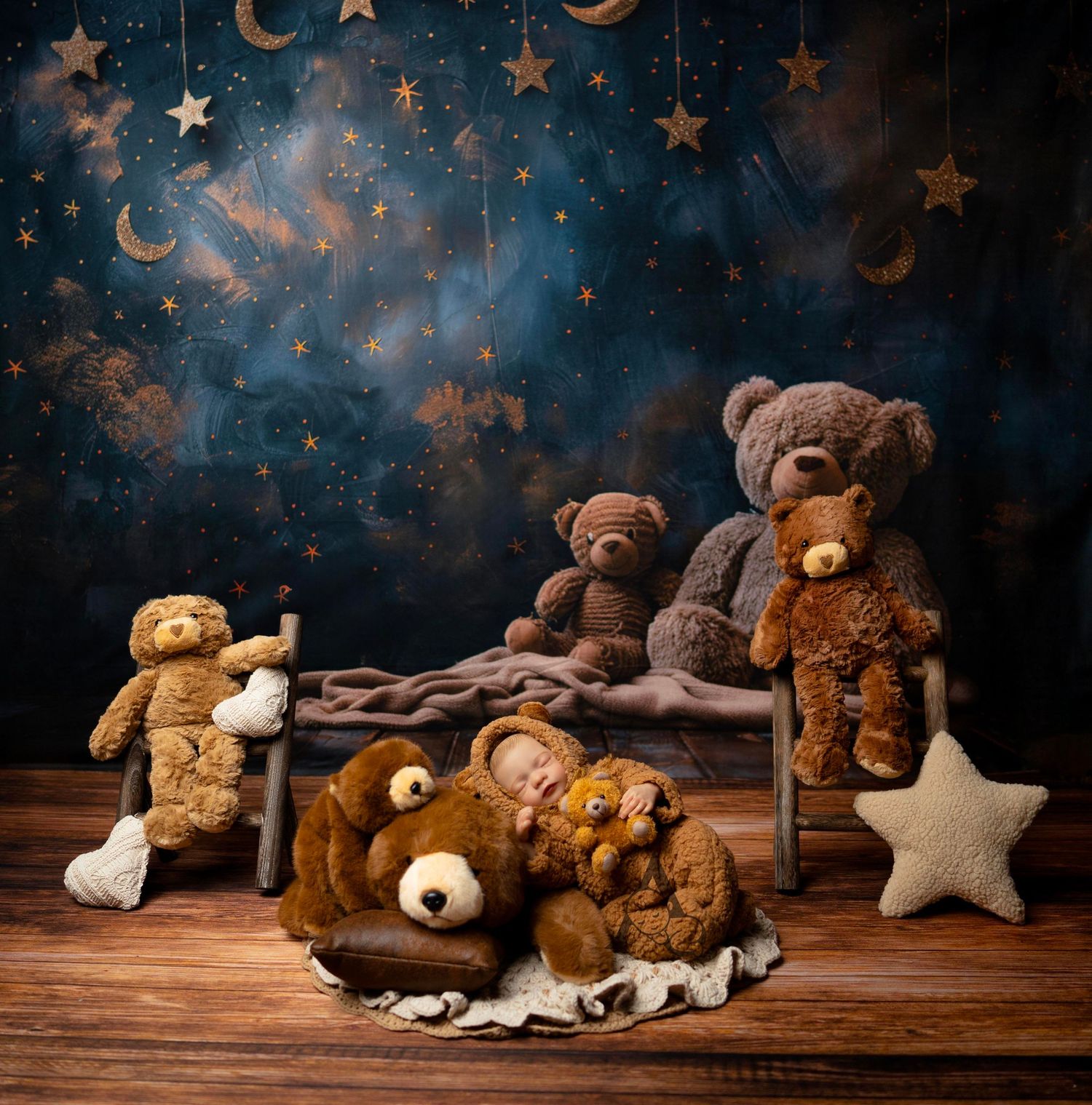 Newborn baby sleeping peacefully in a bear costume surrounded by teddy bears under a starry night sky backdrop.