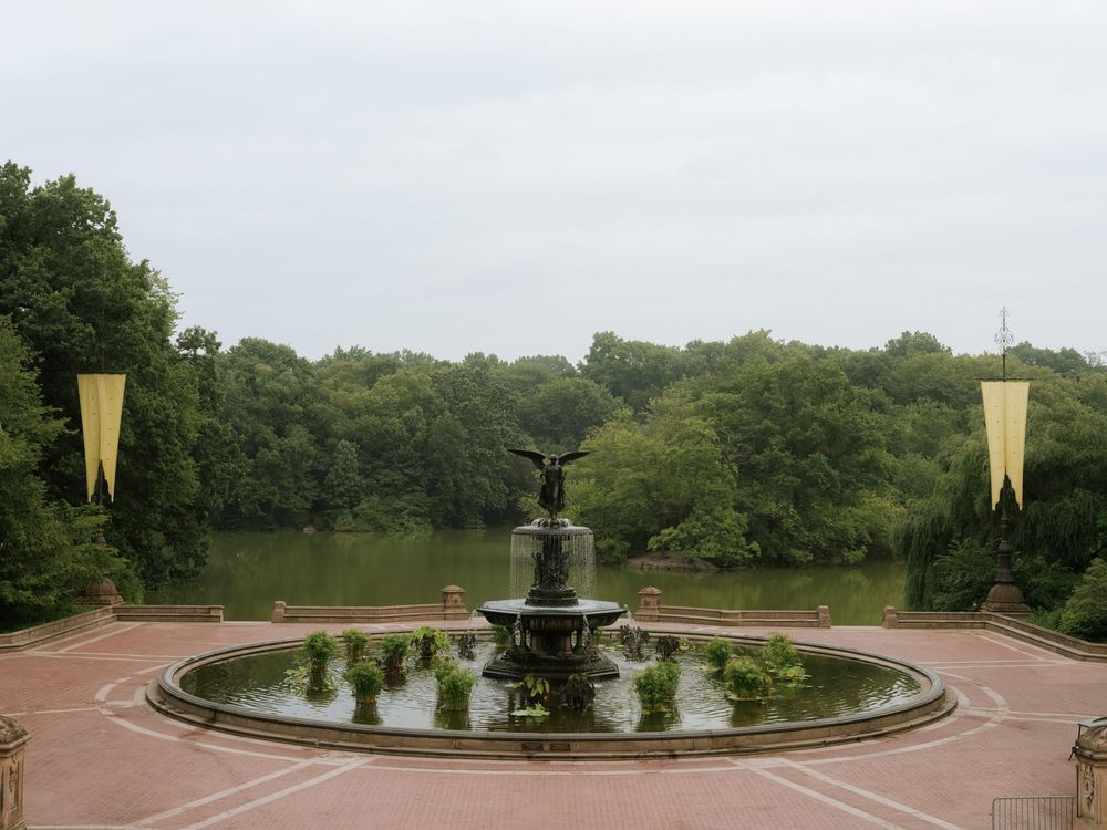 A classical fountain with angel statue stands in a formal garden with yellow banners.