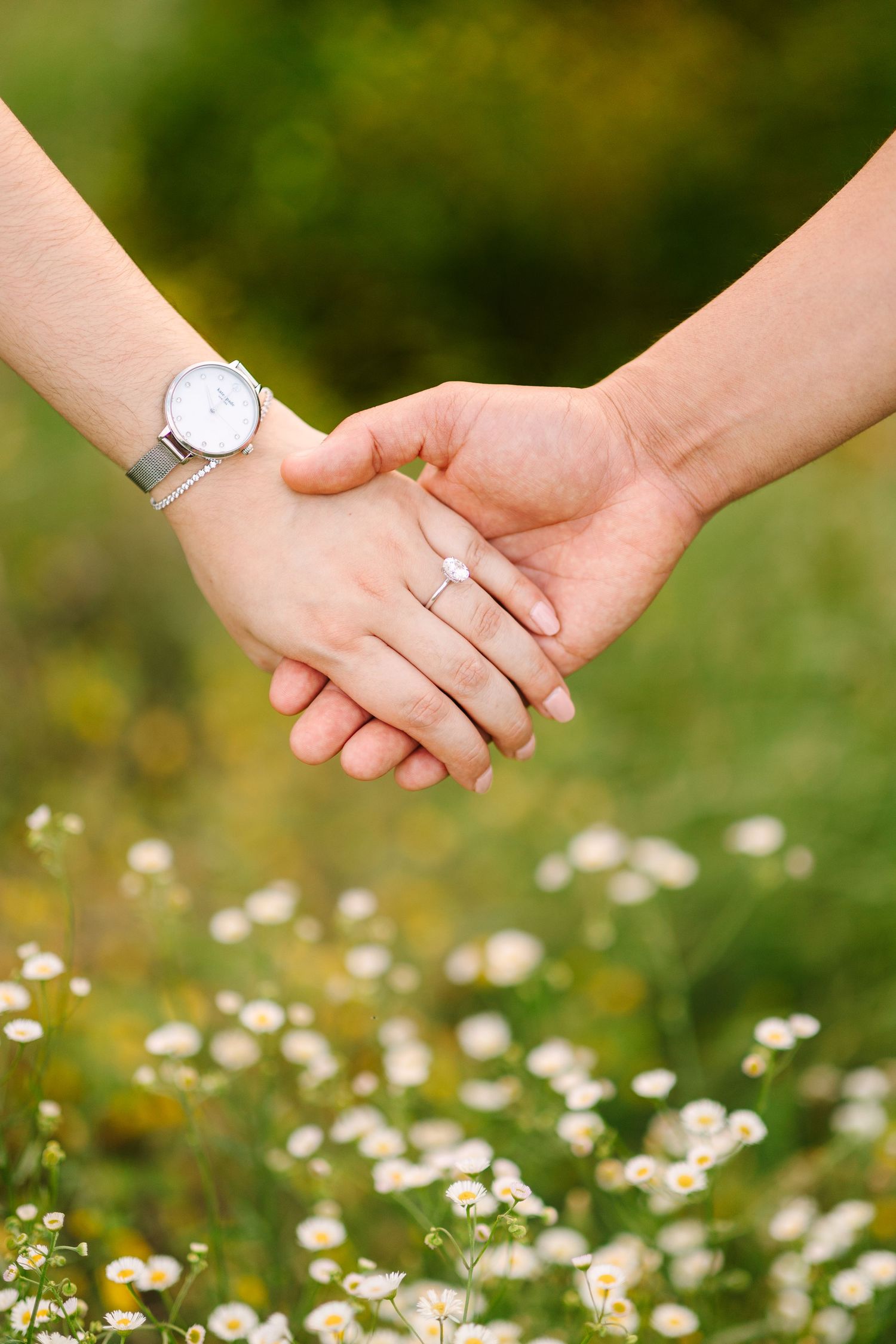 Two hands clasped together showing an engagement ring among blooming daisies in a field.