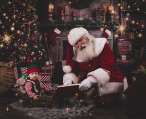 Holiday photos with red and white decor, Christmas trees, wrapped presents, and festive decorations lit by warm glowing lights.