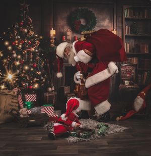 Holiday scene showing Santa sneaking through a cozy living room decorated for Christmas with twinkling lights and gifts.