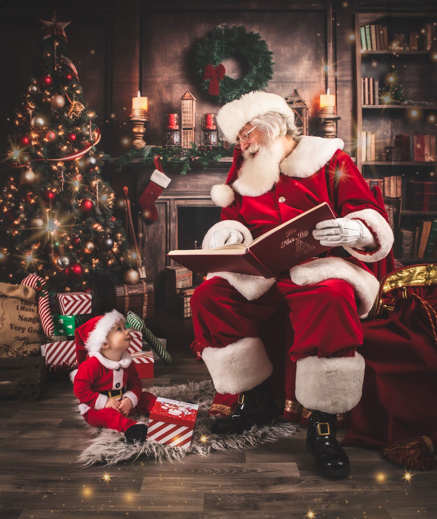 A festive Christmas scene shows a figure in red relaxing on a chair next to a decorated tree with twinkling lights.