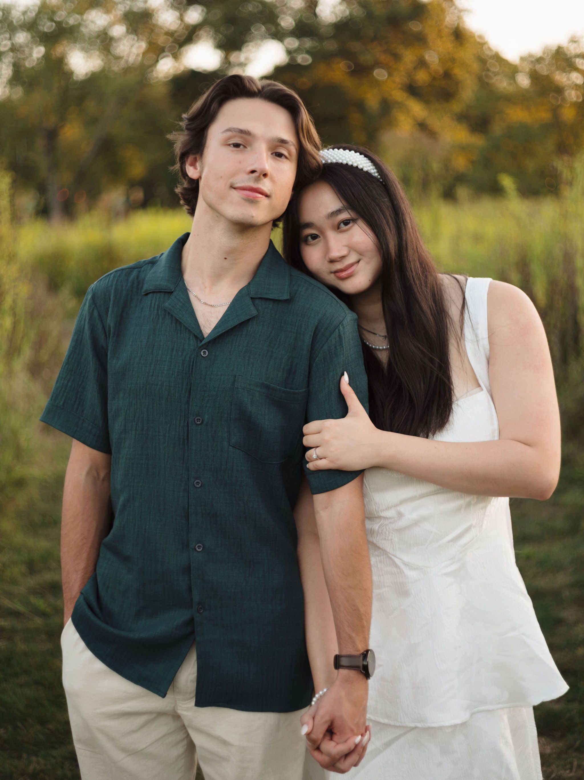 A couple shares intimate romantic moments during golden hour at a serene outdoor location in a 5-photo collage.