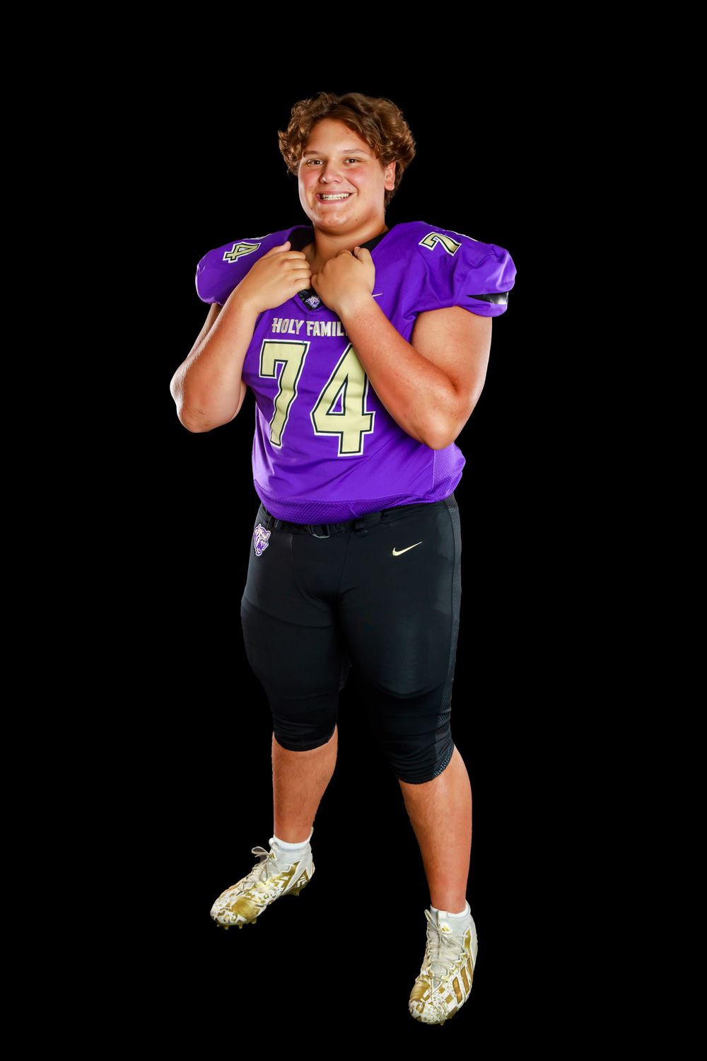 Team photos of a football player in purple jersey number 74 with black shorts and gold cleats against a dark background.