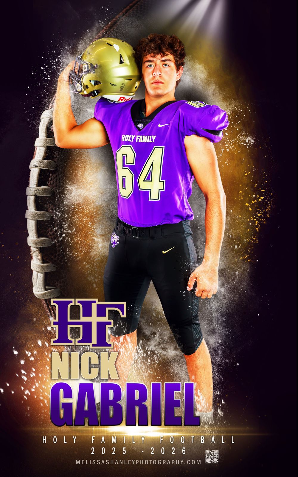 Artistic sports poster of Holy Family football player with gold helmet and special effects.