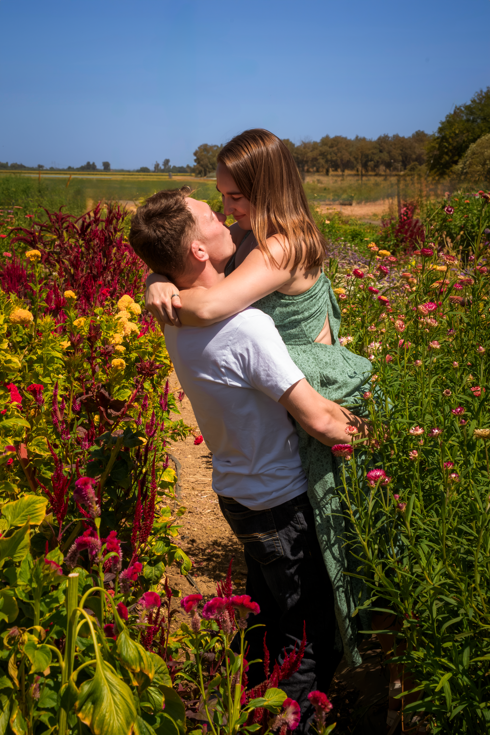 A romantic moment shared between two people in a vibrant field of red and pink flowers on a sunny day.