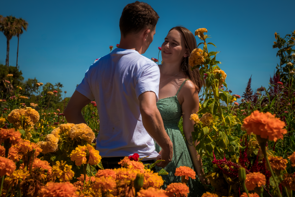 A tender embrace captured among bright orange marigolds in a garden setting.