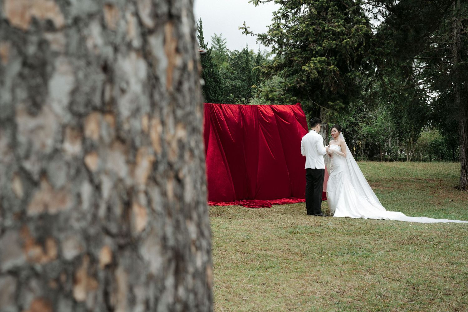 Bride and groom share an intimate kiss beside a dramatic red fabric backdrop in a lush garden.