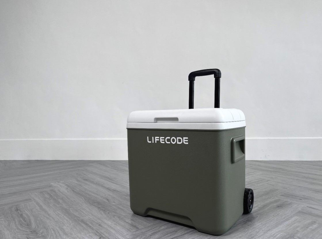 Grey portable storage case with handle shown from multiple angles on wood floor.