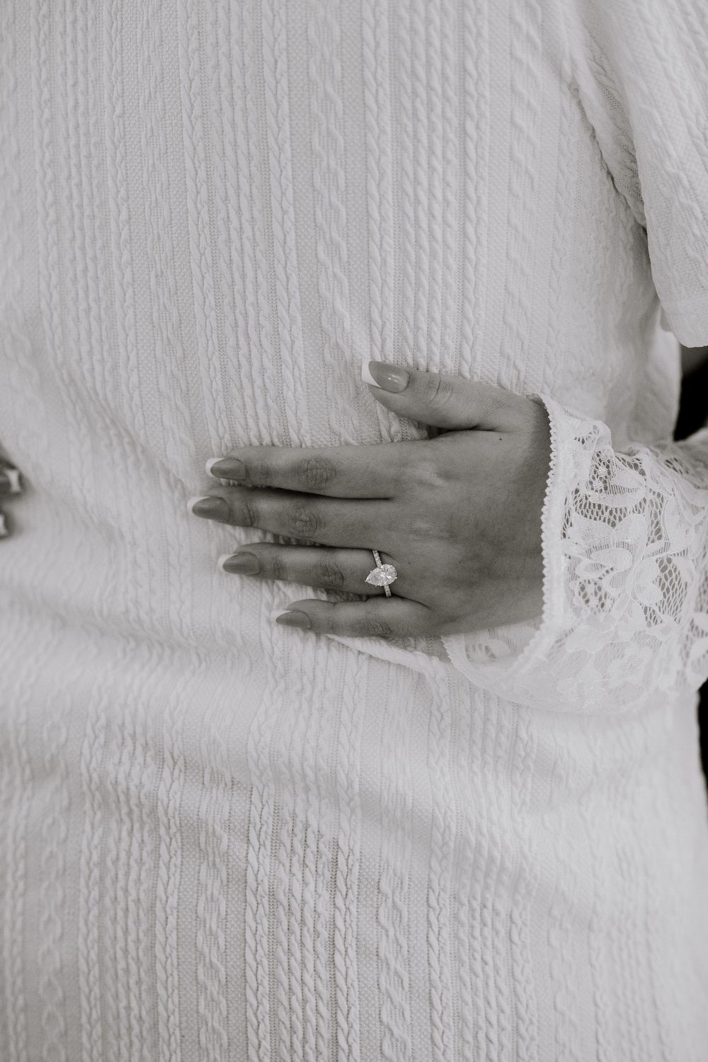 A series of black and white photographs showing hands with rings against a textured white background.