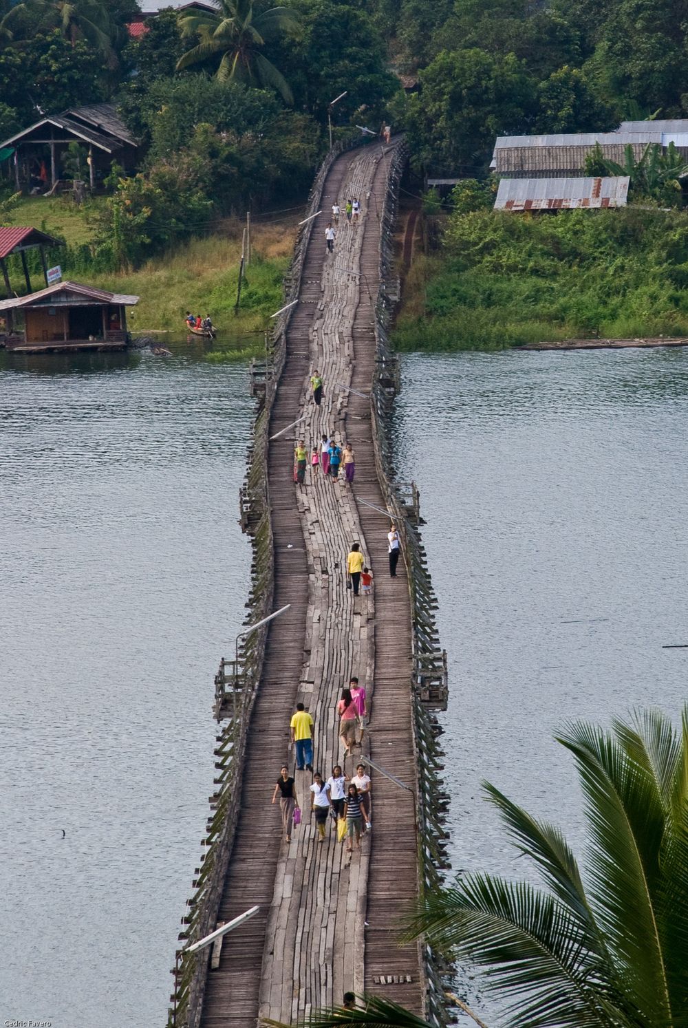 People walking along a rustic wooden footbridge over a lake with tropical palm trees visible in the foreground.