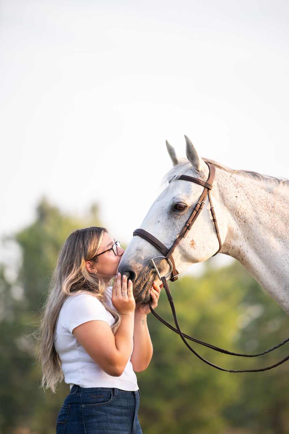 A beautiful grey horse poses with its rider against a green outdoor background during a summer photoshoot.