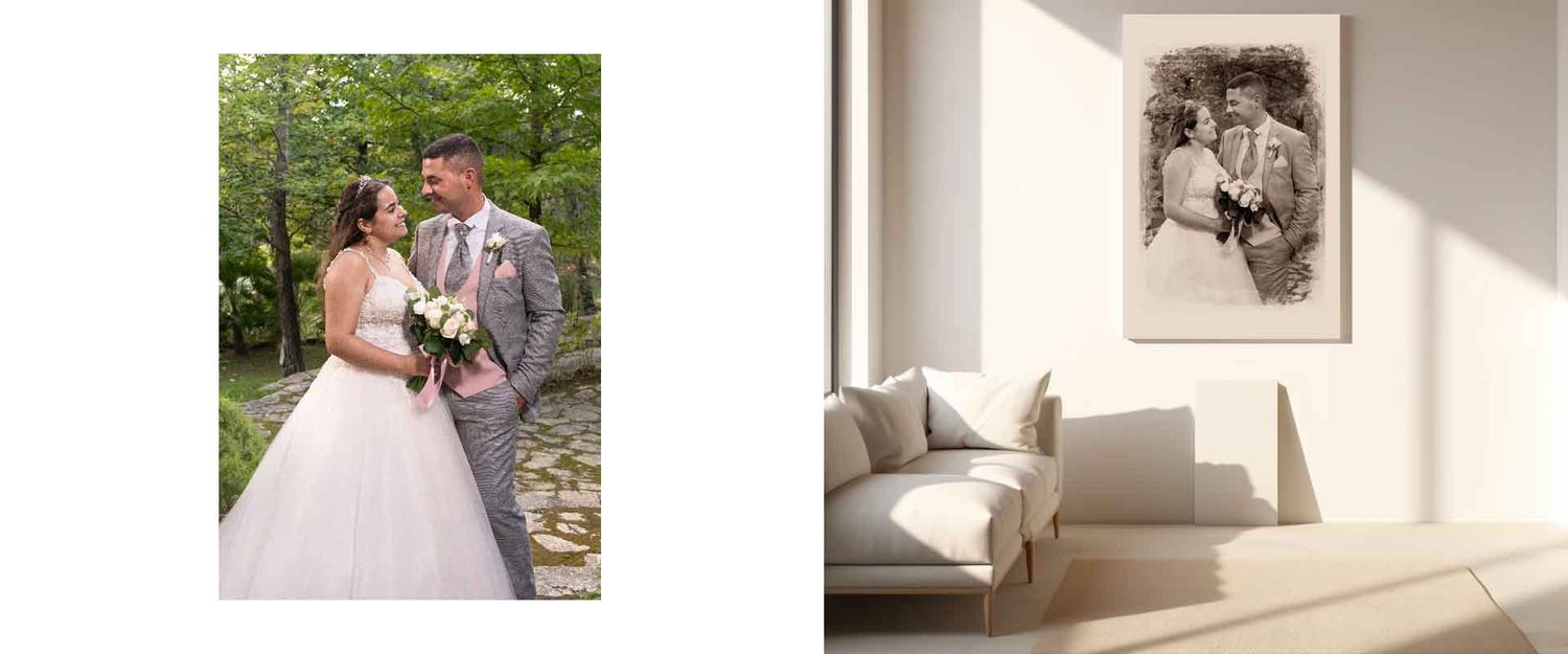 Uma fotografia de casamento, tratada artisticamente para decorar uma sala ou um escritório, impressa em tela ou em papel fotográfico.